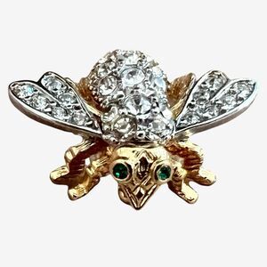 Joan Rivers Bee Brooch 7/8" Clear Rhinestones Green Eyes Gold-Tone Signed